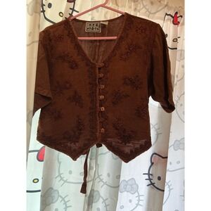 MPH Button Up Top Tie Back Women's Fairy Grunge Boho M Embroidered Rust Brown